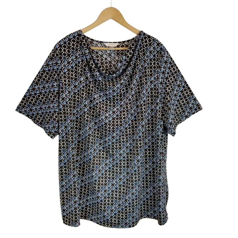 CJ Banks Women's Slinky Knit Drape Neck Short Sleeve Top Black Blue White 3X